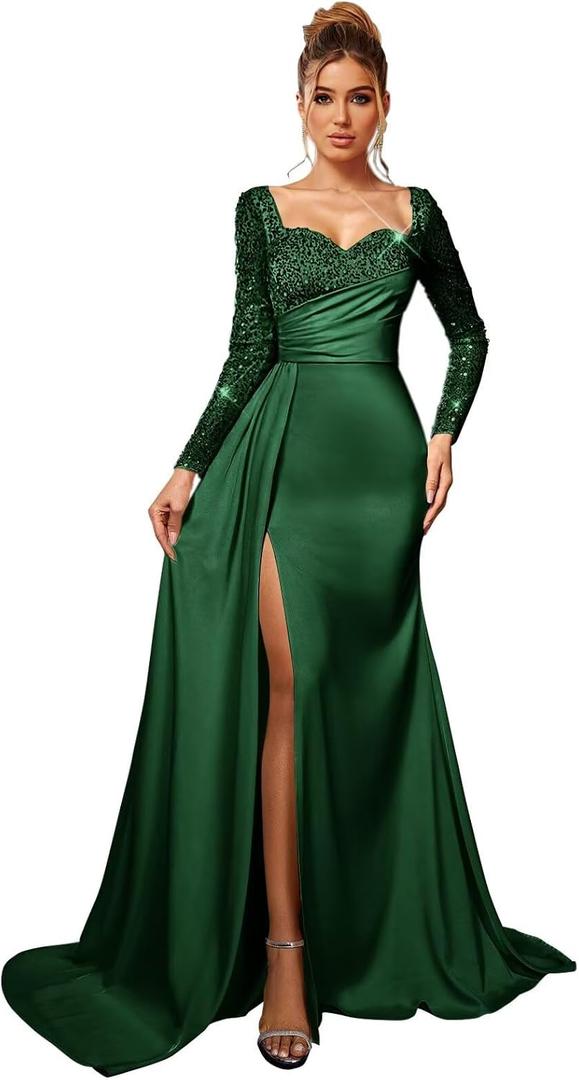 Mermaid Satin Prom Dresses for Women 2026 Long Sleeve Sequin Formal Dress Sparkly Evening Party Gowns with Slit (Green)