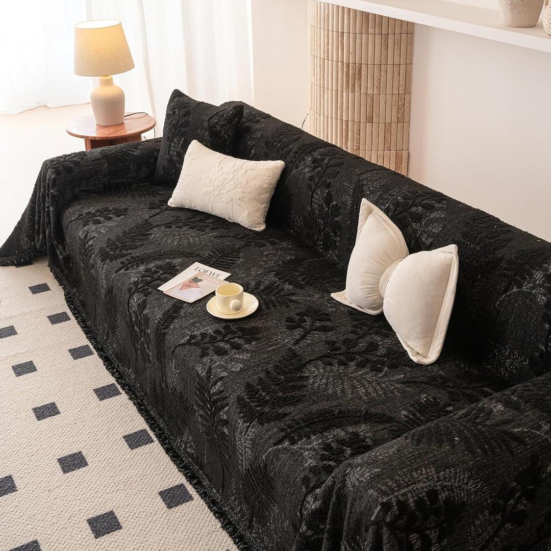 HANDONTIME Washable Couch Covers for Sofa Boho Couch Covers for 3 Cushion Sofa Pet Friendly Black Chenille Jacquard Couch Protector for Dogs Plant Branch Sectional Cover Sofa Slipcovers, 71" X 118"