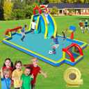 Inflatable Bounce House,Water Bounce House with Slide Double Soccer Goal,Big Splash Pool,Basketball Hoop,Climb Wall,Outdoor Bouncer with Air Blower for Kids 3-10, Long Slide with Football Net