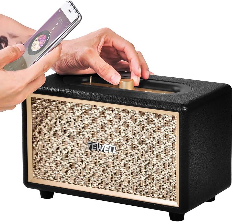 Home Speaker with Premium Audio | Rich Bass, Rotary Dial for Volume Control | Toggle Switch, Wireless Bluetooth & 3.5mm Aux Input for Turntable | Record Player, AC Powered (Upgraded Version) (Black)