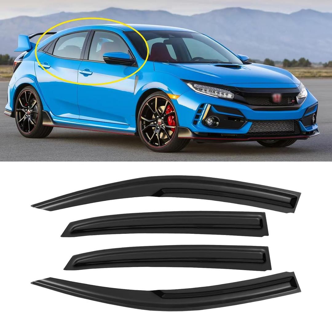 Window Visors for Honda Civic Hatchback 2016-2021 (Not fit Sedan), Rain Guards Shield Vent Deflector Shade Dark Smoke 2017 2018 2019 2020, Tape-On, 4PCS