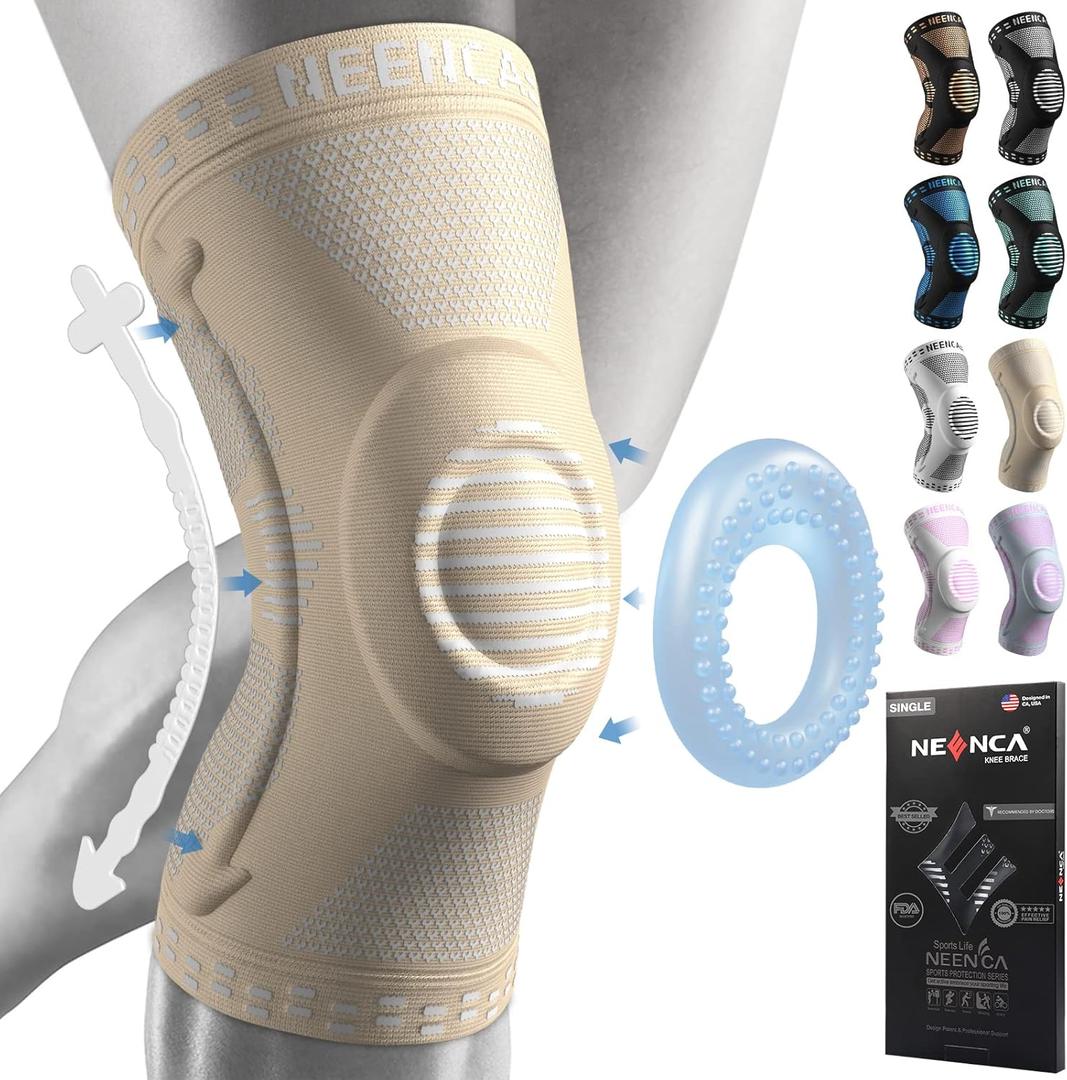 NEENCA Knee Brace for Women & Men, Medical Knee Support with Patella Pad & Side Stabilizers, Knee Compression Sleeve for Knee Pain, Meniscus Tear, ACL, Joint Pain, Runner, Workout - FSA/HSA Eligible (Large, Light Beige)