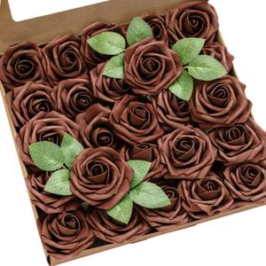 Ling's moment Artificial Flowers 25Pcs Walnut Brown Roses Decor w/Stems,3" DIY Foam Floral for Wedding Bouquet/Centerpieces, Outdoors Party Backdrop, Room/Table, and Garden/Pot Decorations