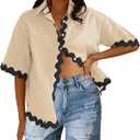 Fixmatti Women Two Piece Summer Sets Short Sleeve Button Down Shirts (Beige, S)