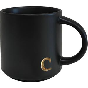 COLLECTIVE HOME - Black Monogram Ceramic Mugs, 15 oz Golden Initial Coffee Cups, Elegant Alphabet Tea Mugs, Personalized Halloween Mug with Gift Box, Perfect for Office and Home Dcor (c)