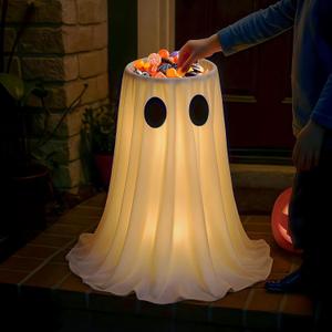 Halloween Door Decorations - Glowing Ghost Candy Holder Bowl - Halloween Porch Decor with String Lights & Timer Remote for Trick-or-Treating on Party Lawn Yard Outdoor Indoor