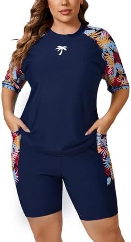 Halcurt Women's Plus Built in Bra Rash Guard Two Piece Swim Shirt and Pockets Boyleg Shorts 4XL