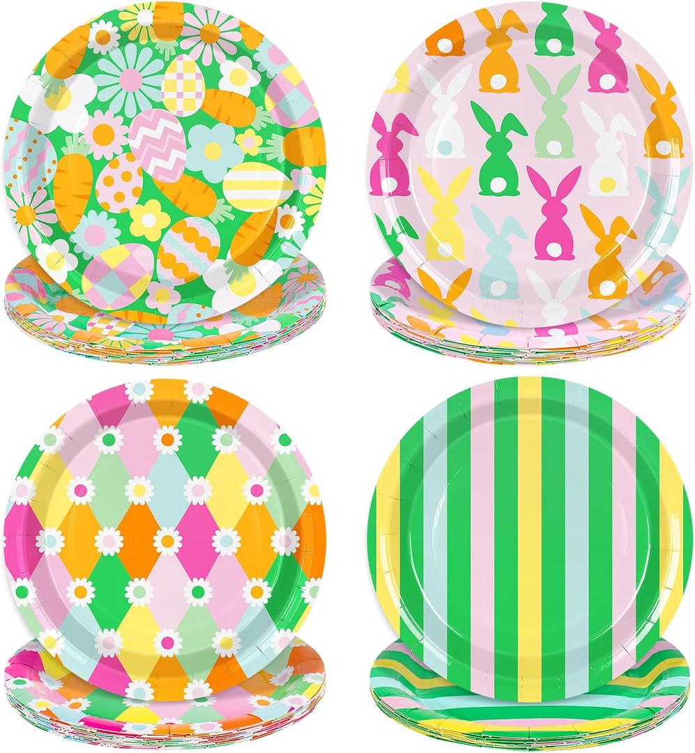 2 x FYSUIMU 48 Pcs Easter Bunny Paper Plates Colorful Rabbit Egg Flower Disposable Plates Easter Striped Contrast Color Design Dinner Dessert Plate for Spring Birthday Baby Shower Party, 9 Inch