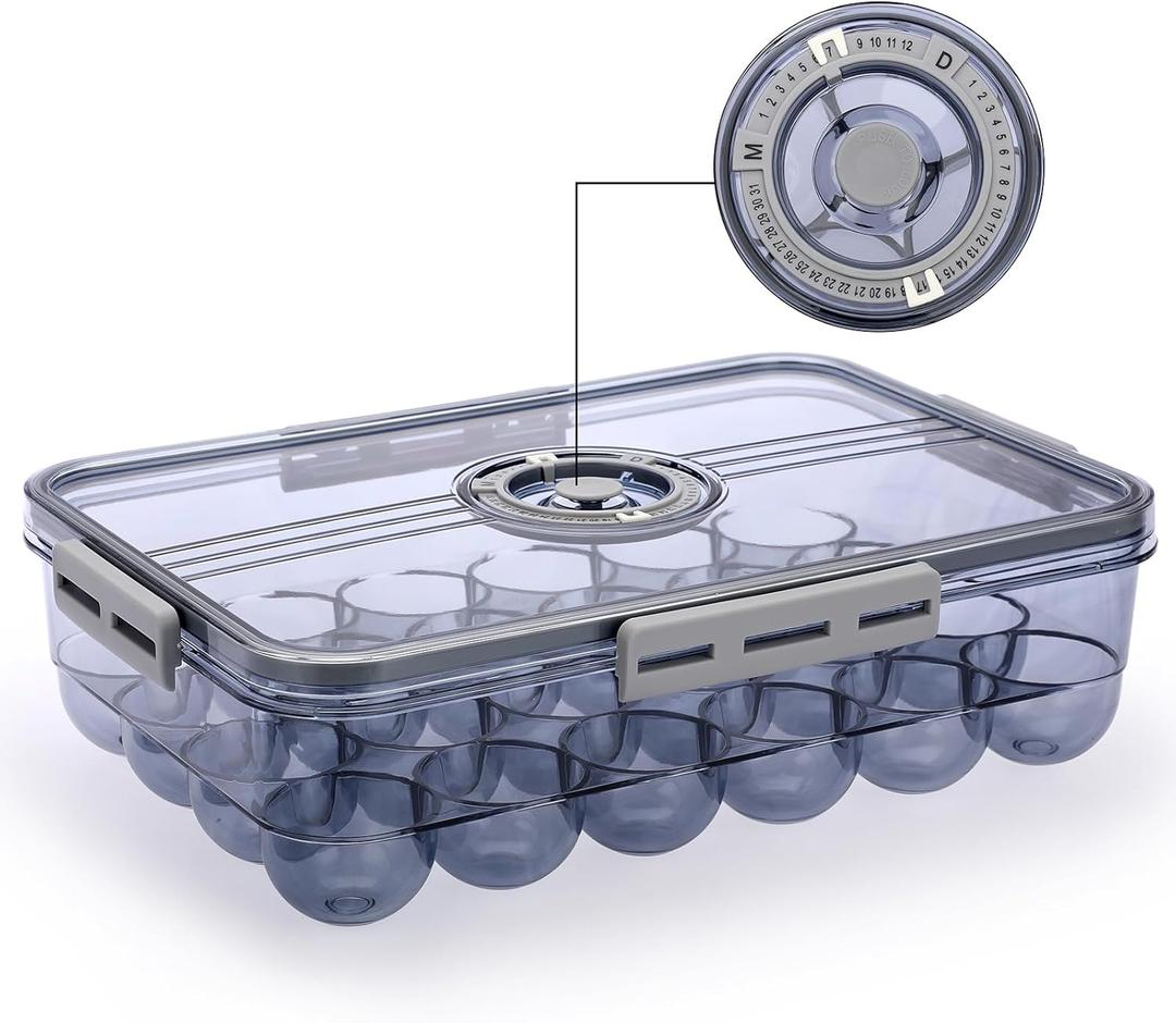 BTSKY Premium Plastic Egg Holder for Fridge - 24 Egg Refrigerator Container, Organizer with Time Reminder and Lid