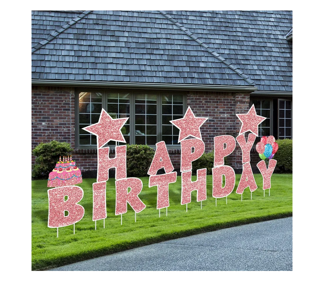 Jetec 18 Pieces Happy Birthday Yard Signs with Stakes, 16 Inches Birthday Outdoor Lawn Signs, Cake Balloon Patio Decorations, Garden Lawn Decorations for Party Outdoor Decor(Rose Gold)
