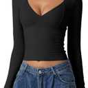 QINSEN Women's Long Sleeve V Neck T Shirts Double Lined Crop Top Seamed Cup Going Out Tops L