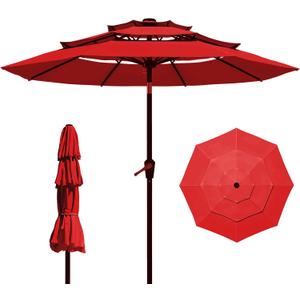 9FT 3 Tiers Patio Umbrella With Auto Tilt And Crank, Outdoor Table Market Umbrella with 8 Sturdy Ribs for Garden, Lawn, Deck, Backyard and Pool