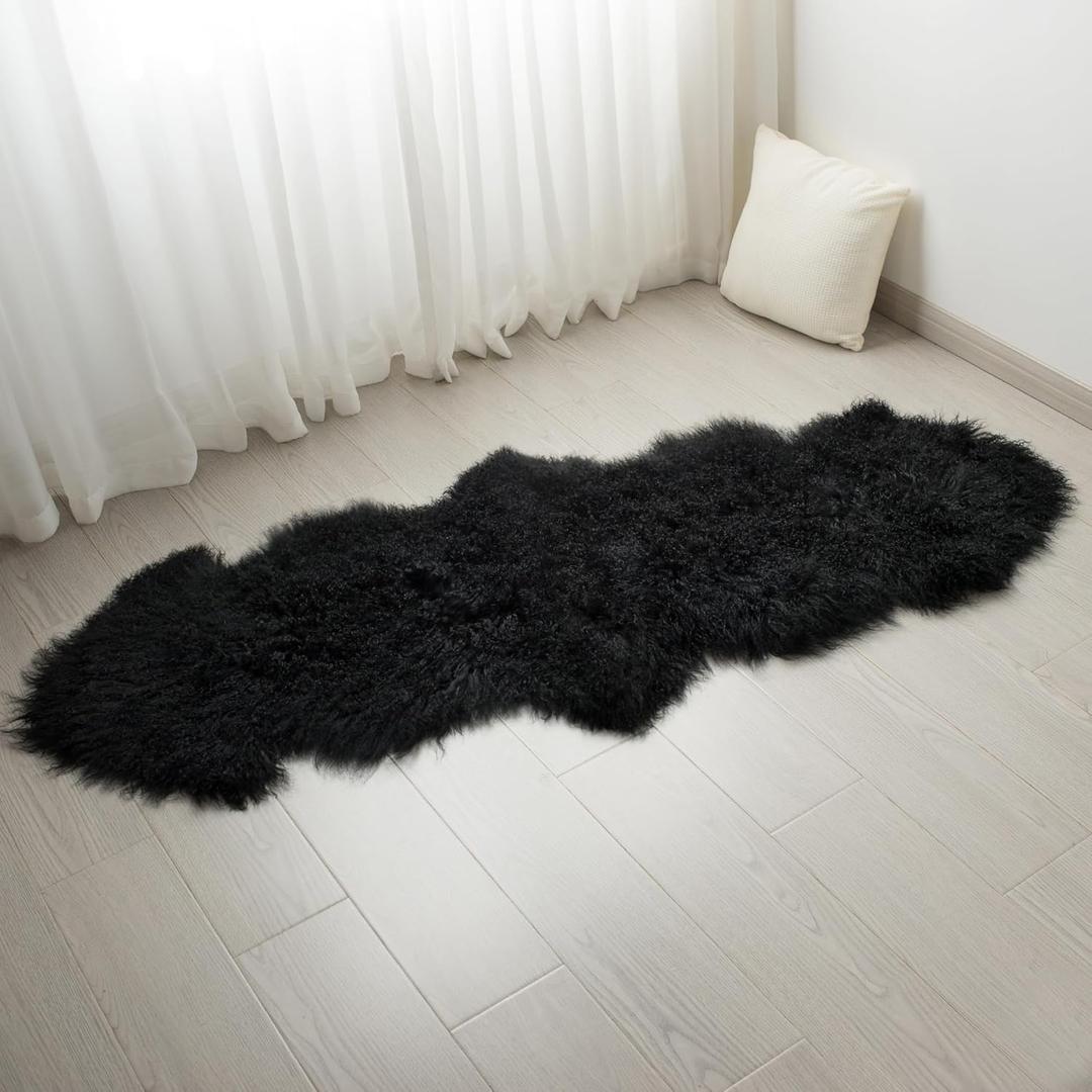 100% Genuine Sheepskin Area Rug Real Lightweight Fluffy Soft Mongolian Long Wool Fur Carpet for Couch Bed Sofa Bedroom Living Room Black 2x5ft