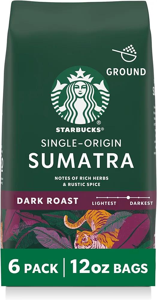 100% Arabica ground coffee; Dark Roast Single-Origin Sumatra; 6 bags, 12 oz each (72 oz total) Exp: 06/26/2026