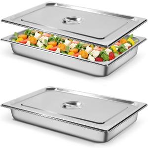 Hotel Pan 1/1 Size - 16.6 Qt Stainless Steel Steam Pan With Lid - 2.5" Deep - Silver - 2 Pack
