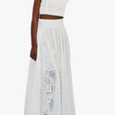 Women's Lace Eyelet 2 Piece Skirt Set Sleeveless Crop Tops Long Trendy Embroidery Flowy Swing Party Club Skirt Set, White,M