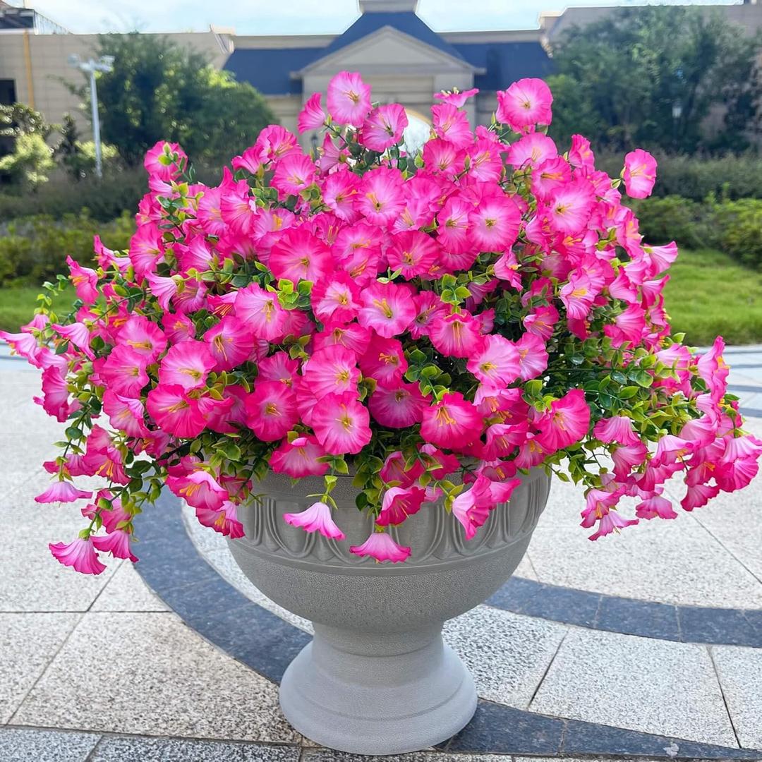 Artificial Flowers Fake Plants for Outdoor Indoor Decoration,16 Bundles UV Resistant Faux Plastic Flowers,Realistic Pink Morning Glory for Planter Porch Patio Home Table Wedding, (Pink)