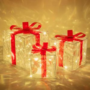 FUNPENY Set of 3 Christmas 60 LED Lighted Gift Boxes, Transparent Warm White Lighted Christmas Box Decrations, Presents Boxs with Red Bows for Christams Tree, Yard, Home, Christams Decorations FUNPENY Set of 3 Christmas 60 LED Lighted Gift Boxes, Transparent Warm White Lighted Christmas Box Decrations, Presents Boxs with Red Bows for Christams Tree, Yard, Home, Christams Decorations