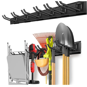 Garage Organization, Garage Wall Organizer with 48 inches Rails and 6 Hooks, Tool Organizers Heavy Duty, Shovel Holder Wall Mount Max Load 360 LBS, Sturdy Garden Tool Rack for Folding Chairs