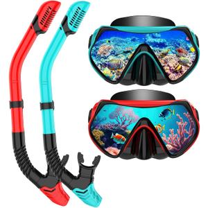 Snorkeling Gear for Adults, Dry-Top Snorkel Set Scuba Diving mask, 180Panoramic Wide View Professional Snorkeling Gear Breathing Freely Snorkel Mask (Green+Red)