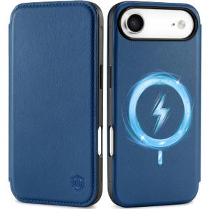 SHIELDON Slim Genuine Leather Wallet Case for iPhone Air 6.5-inch 2025 | Wireless Charging, Folio Magnetic Closure, RFID Blocking Credit Card Holder, Shockproof Phone Cover - Royal Blue