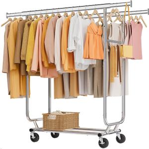 Tajsoon Double Rod Heavy Duty Clothes Rack 480 LBS, Rolling Clothing Rack for Hanging Clothes, Collapsible Clothes Rack with Wheels, Commercial Portable Garment Racks with Shelf, Chrome