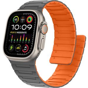 Magnetic Bands Compatible with Apple Watch Band 49/46/45/44/42/41/40/38mm Men Women Silicone Sport Wristband for iWatch Ultra SE Series 11 10 9 8 7 6 5 4 3 (42/44/45/46/49, Grey/Orange)