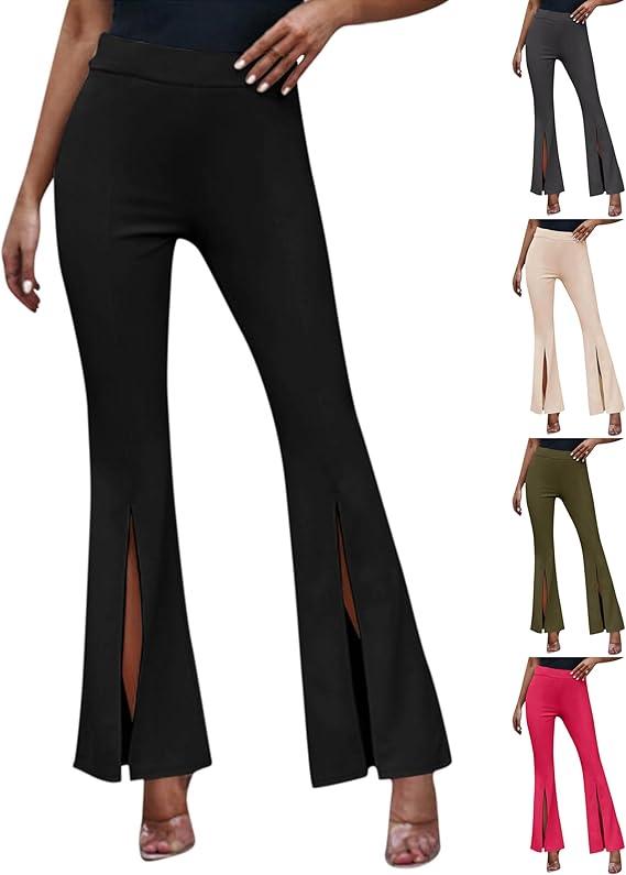 Womens Split Front Flare Work Pants Elastic High Waist Dress Pants Stretchy Pull On Long Pant for Business Casual, Black, Size M