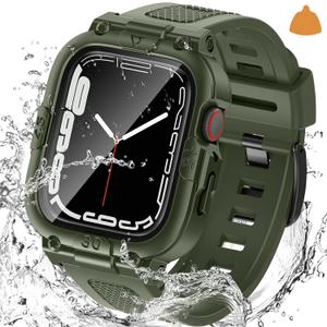 Goton 3 in 1 Waterproof Case with Band for Apple Watch with Built-in Tempered Glass Screen Protector 41mm, 360 Shockproof Bumper Face Cover with Band for Apple Watch Series 9/8/7, 41mm (Green)