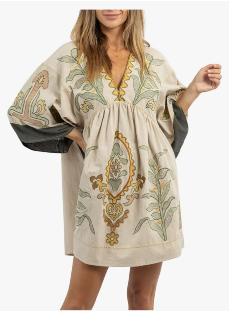Womens Oversized Embroidered Dress with V-Neck and 3/4 Sleeves Vintage Embroidery Babydoll Dress, M
