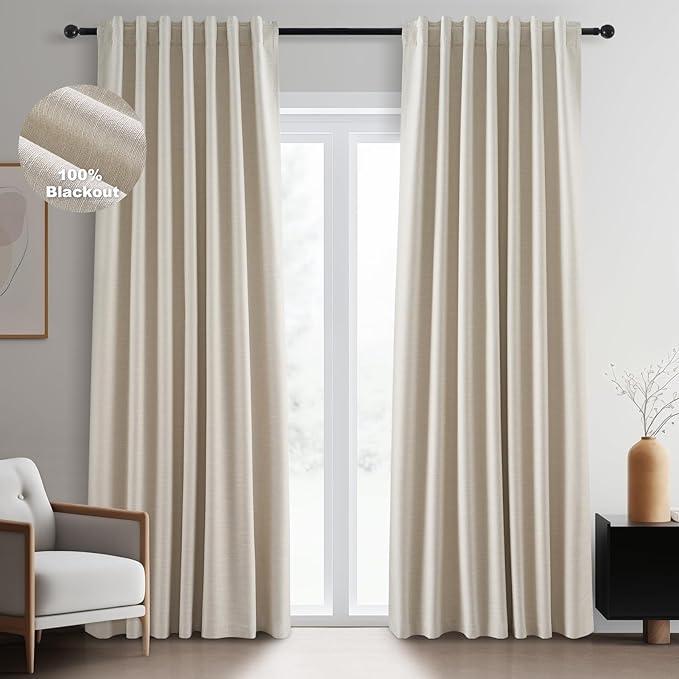 Topfinel Cream Ivory Blackout Curtains & Drapes, Beige Pinch Pleat Full Blackout Flax Linen Tab Top Soundproof Curtains with Hooks Rings for Bedroom Living Room Track 2 Panels Set, 4x7ft