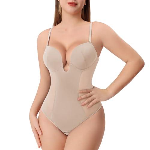 Slimers Thong Shapewear for Women Tummy Control Low Back Invishaper Plunge Backless Body Shaper Bra Open Crotch Bodysuit Beige, M