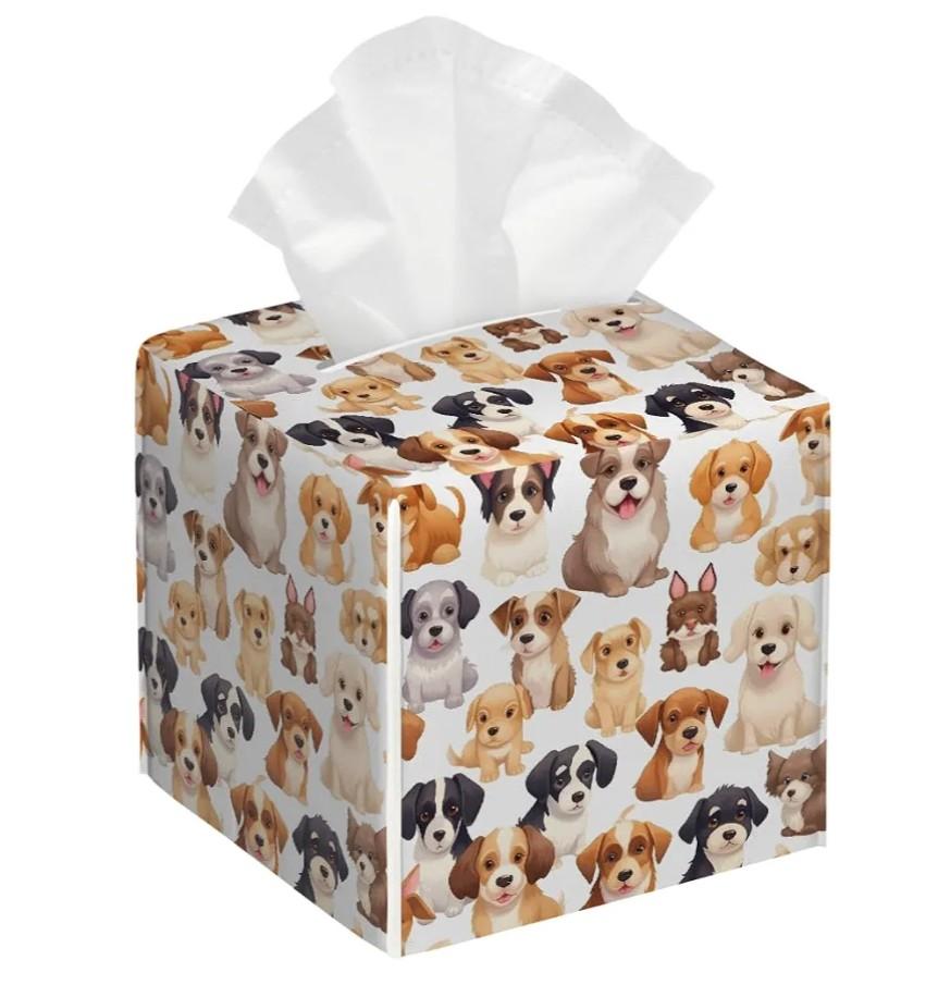 Cute Animal Puppy Pattern Tissue Box Cover Square Waterproof PVC Tissue Holder Leather Facial Paper Organizer Dispenser for Home Office Bathroom Car Tabletop Nightstand Vanity