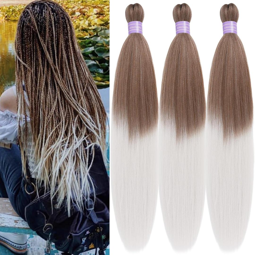 Ombre Braiding Hair Pre Stretched Brown Grey Braiding Hair Extensions For Braids 26 Inch Flame Retardant Synthetic Knotless Braid For Box Braids And Twists Crochet Hair For Women (3 Pack)