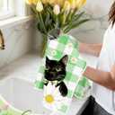 Miss Adola Spring Kitchen Towels - Spring Theme Microfiber 18x26 Inch 2pcs Dish Towels Decorative Absorbent Bright Green Hand Towel with Hanging Loop Design with Cat for Kitchen Housewarming Gift
