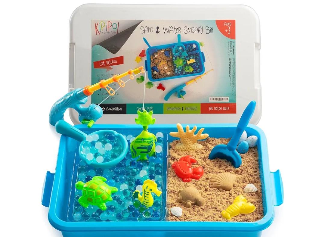 KipiPol Sensory Toys for Toddlers 3-4, 5-7 Sensory Bin W 3000 Water Beads, 1.5 LB Play Sand, 10 Sand Toys, 6 Sea Animal Toys, Dino Eggs - Fine Motor Skills Toys and Sensory Activities for Kids Ages 3
