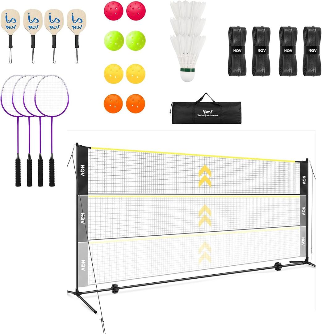 NQV Pickleball Set with Net-10FT Half Court Size Pickleball Net+Wood Pickleball Paddles+Pickle Balls+Ball Retrievers+Pickleball Court Marking Kit, Portable Driveway Outdoor Indoor for Beginners Pros