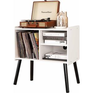 Record Player Stand, Mid-Century Record Player Table with Storage Hold Up to 150 Albums, Vinyl Record Cabinet with Adjustable Shelves, Wood Turntable Stand for Living Room Bedroom, (White)