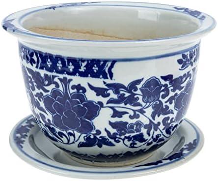 Blue and White Ceramic Flower Pot, 6.7 Inch Round Planter with Saucer for Indoor and Outdoor Plants, Excellent Drainage and Stable Design
