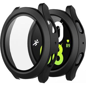 Misxi 2-Pack Hard PC Case with Screen Protector for Samsung Galaxy Watch 5 Galaxy Watch 4 44mm, Ultra-Thin Scratch Resistant Cover with Tempered Glass, Black