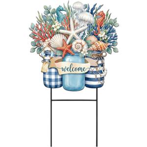 Amyhill Summer Outdoor Decor Coastal Garden Stake 25 Inch Metal Ocean Welcome Yard Sign with Seashell Starfish, Outdoor Nautical Decor for Patio Lawn Walkway Beach Themed Decorations