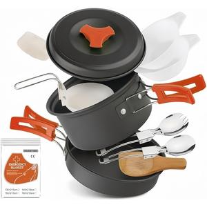 12 PCS Lightweight Camping Cookware Set  Non-Stick Pots, Pans & Utensils for Backpacking, Hiking & Outdoor Cooking  Compact Mess Kit for 2-3 People Give Away an Emergency Blanket as a Gift