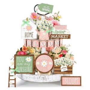 16 Pcs Spring Tiered Tray Decorations Set Farmhouse Daisy Wooden Decoration Flower Table Sign Daisy Tiered Tray Decorations Tabletop Decorations for Home Shelf Kitchen Party(Flower)