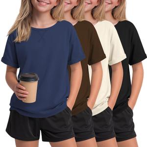 Oakgarden 4 Pack Girls Short Sleeve T Shirts Kids Casual Loose Tops Rolled Cuff Cute Basic Tees 5-14 Years Back to School