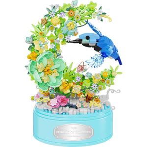 DIY Garden Toy Kit for Kids, Bird-Shaped Flower Building Set, Educational STEM Gift for Girls Boys Age 8+, Rotating Music Box Craft, Birthday Present Home Decor (Green)