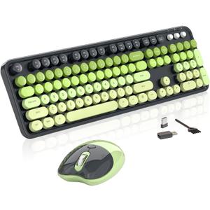 Wireless Keyboard and Mouse, MOFII 104 Round Keycaps Retro Typewriter with OTG & Brush, Full-Size Ergonomic, Ideal for Windows PC, Home, Office and College Gray Green