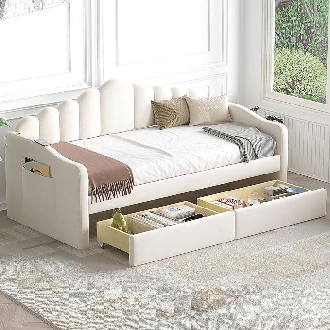 Merax Upholstered Daybed, Twin Size Velvet Sofa Bed with 2 Drawers & USB Charging Ports for Bedroom, Wood Slat Support, No Box Spring Needed, Easy Assembly, Beige