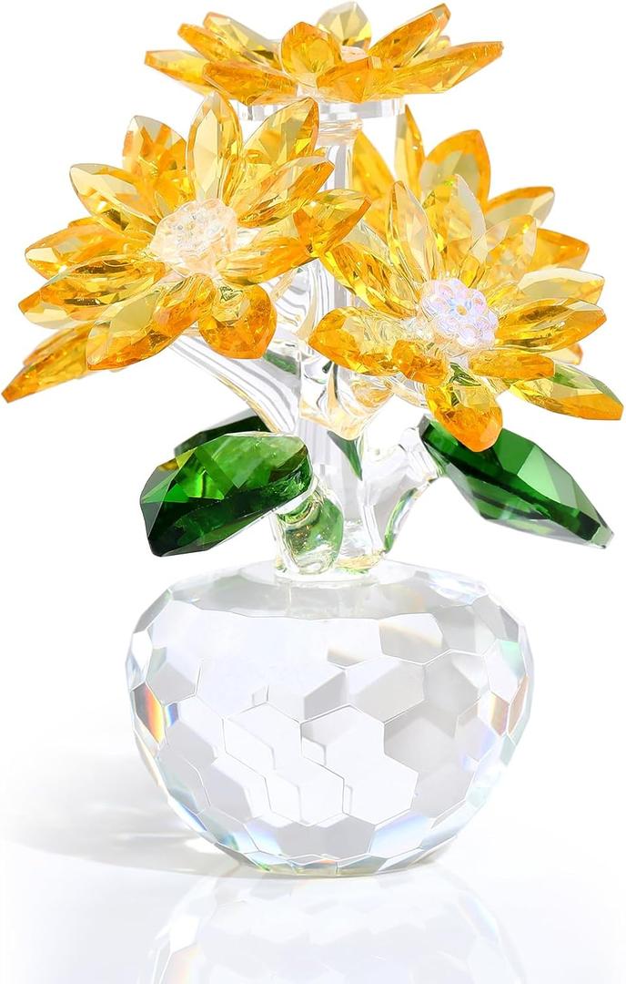 Crystal Yellow Daisy Figurines Collectibles Gifts for Women Friends, Small Crystal Pink Flowers with Base Paperweights Decoration for Home Office Tabletop Centerpieces