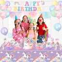 Unicorn Birthday Decorations  Includes Banner, Backdrop, Balloons, Hanging Swirls, Cake & Cupcake Toppers, Honeycomb Centerpieces for Girls & 1st Birthday Unicorn Theme (Pink, Purple, Blue)