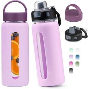 Kodrine 20oz Glass Water Bottle with Straw-2 Lids-Iced Coffee Cup with Silicone Sleeve & Time Marker, Reusable Glass Drinking Bottle for Home,Office,Outdoors, Cupholder Friendly-Light Purple